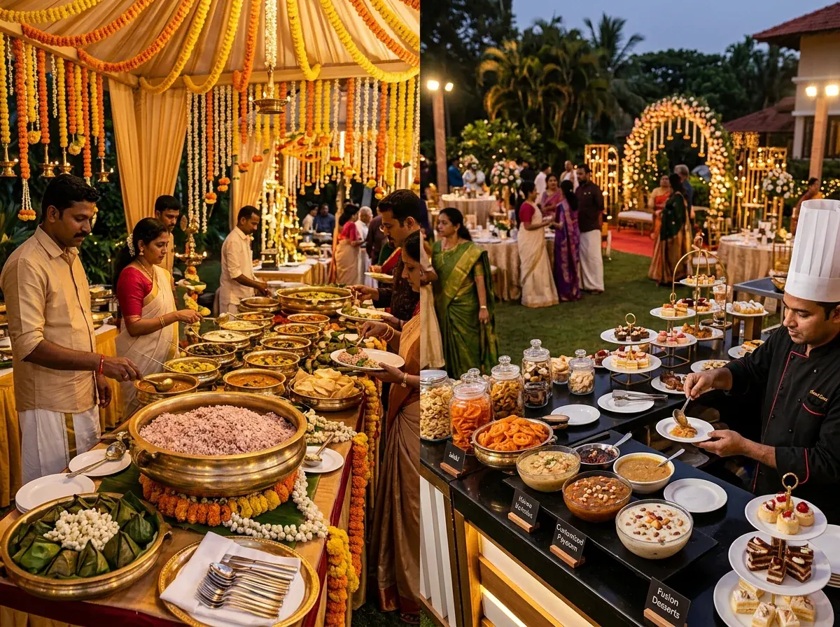 Kerala wedding catering buffet with traditional dishes