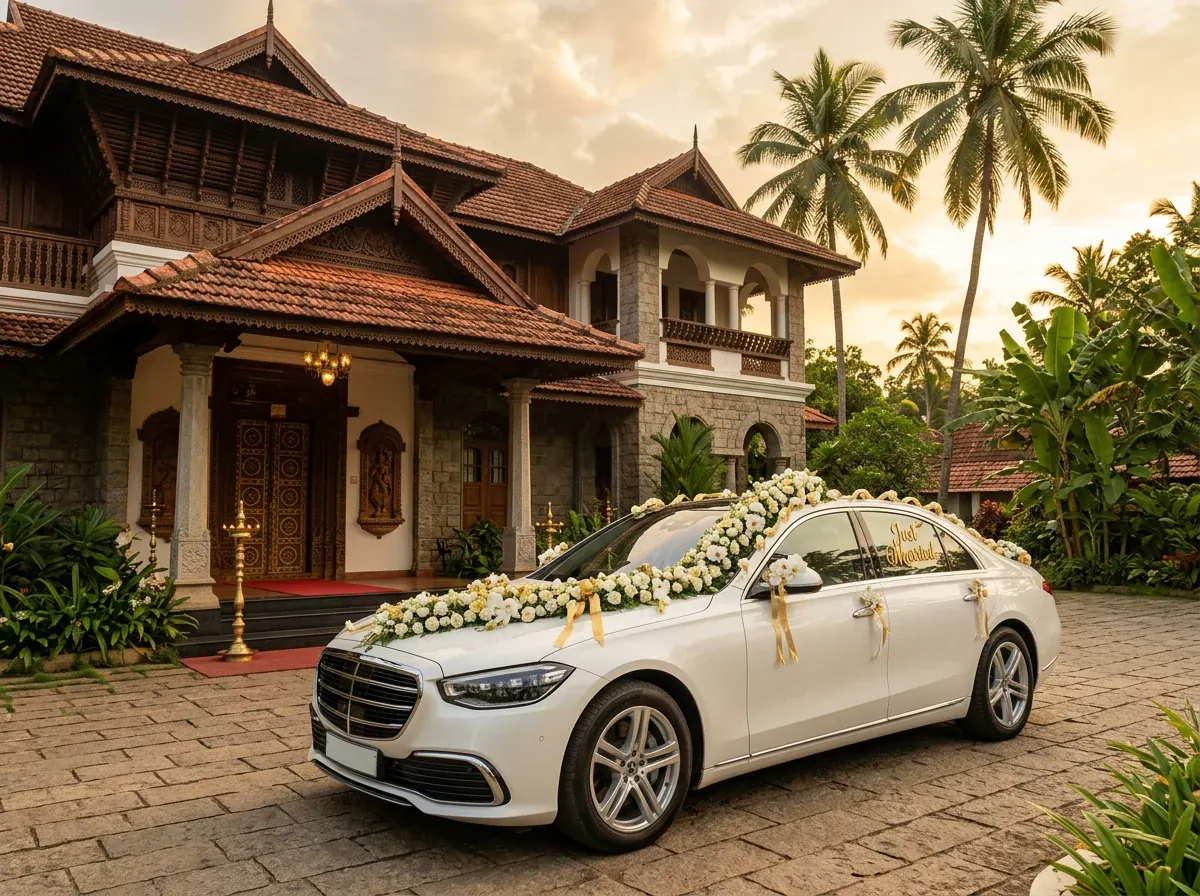 Decorated luxury wedding car for a Kerala celebration